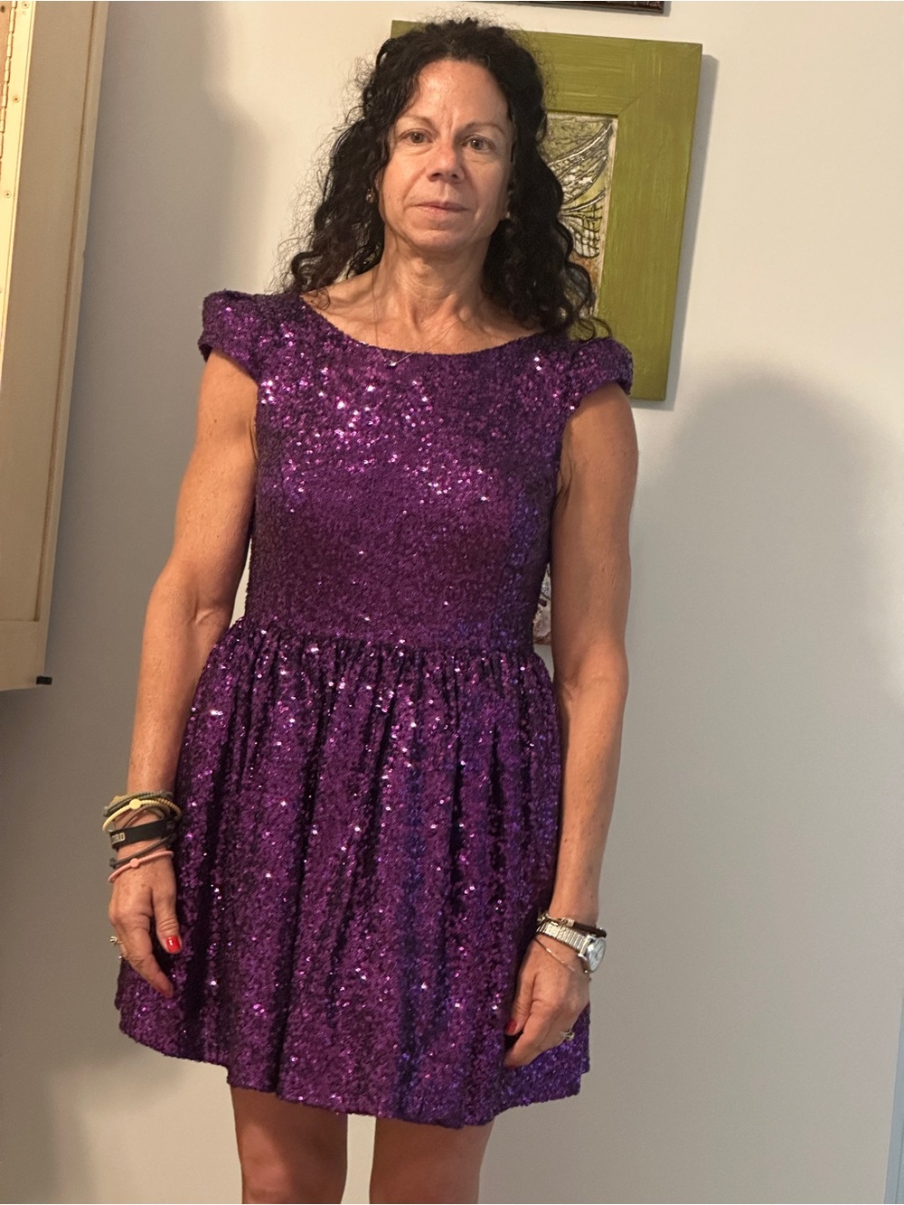 Purple Sequin Party Dress - Sleeveless Fit & Flare with cut out back